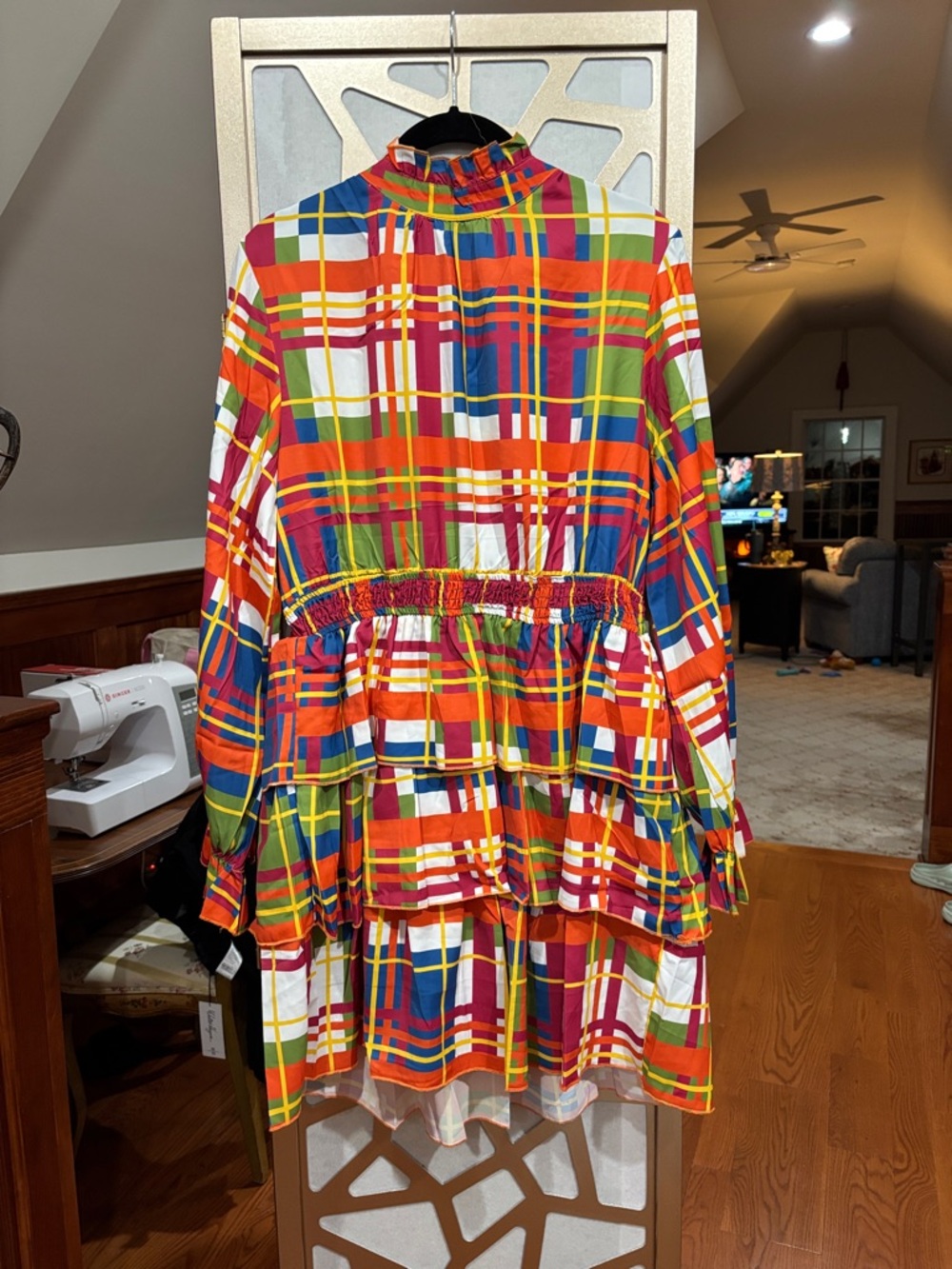 Multicolor Plaid Tiered Long-Sleeve Dress
